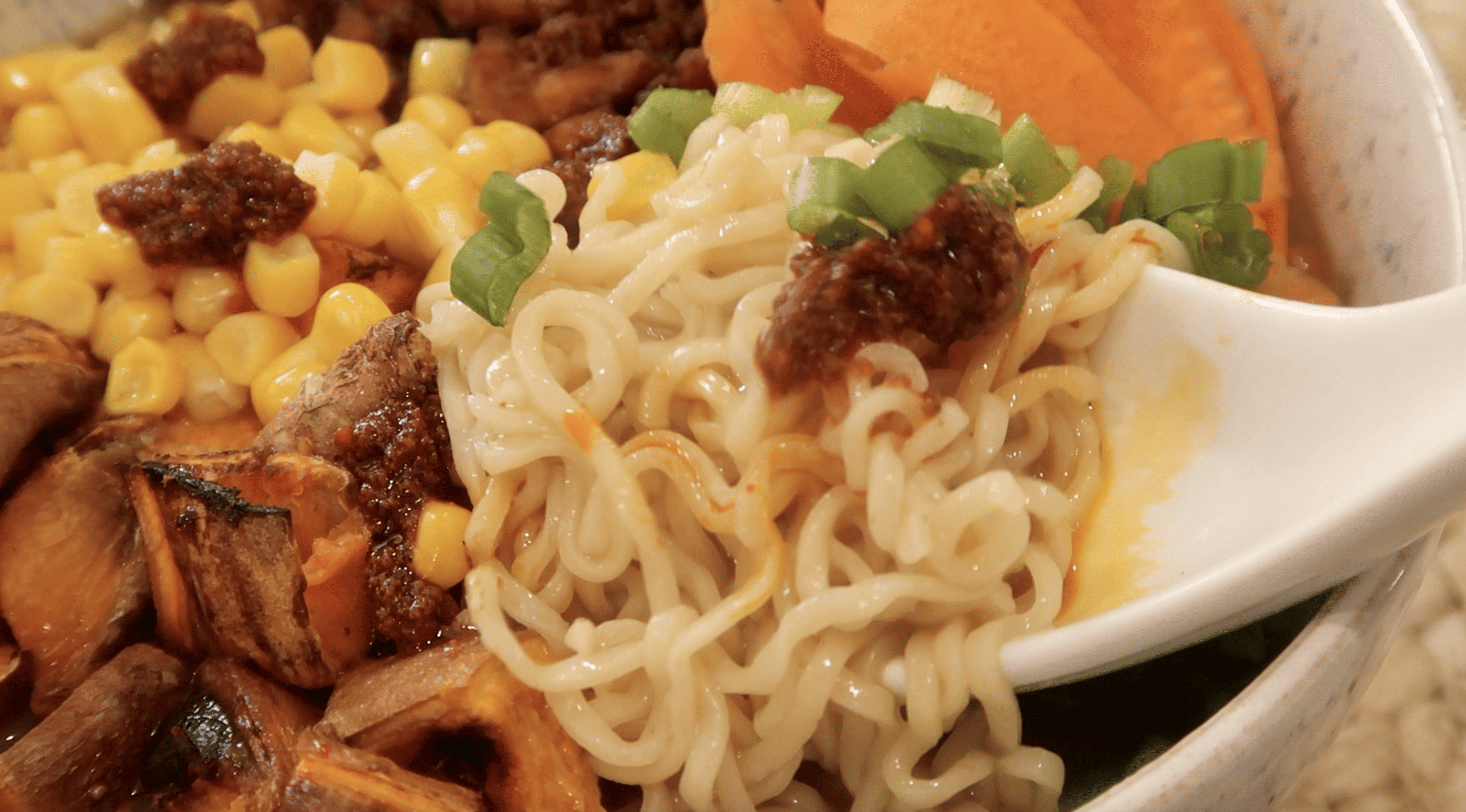 close up of finished vegan ramen in a bowl